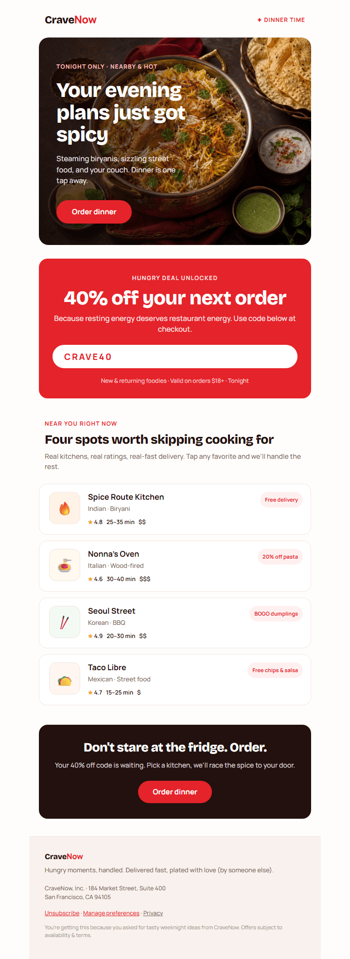 CraveNow Dinner Drop email preview