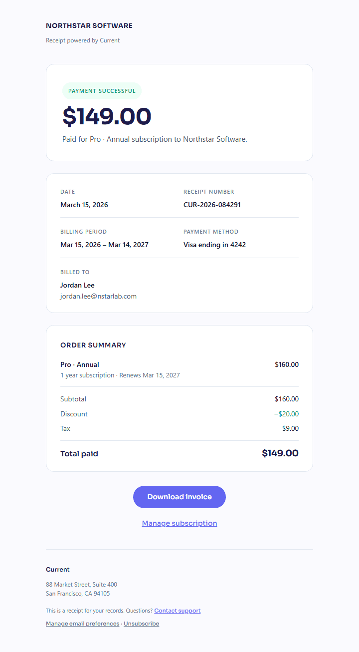 Current Payment Receipt email preview