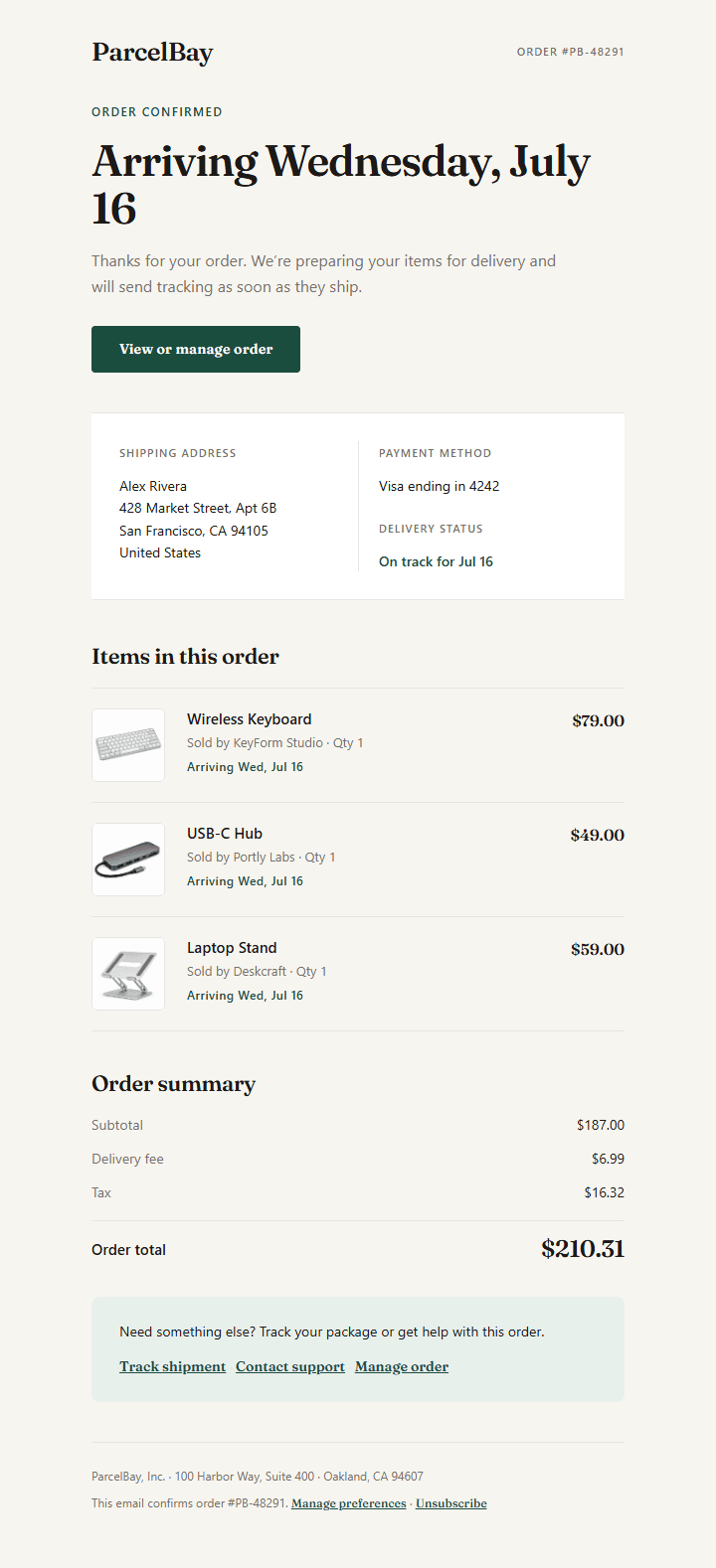 ParcelBay Order Confirmation email preview